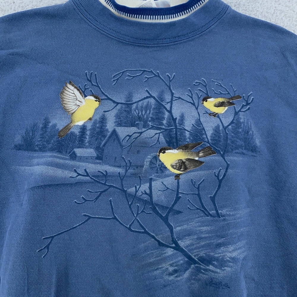 Vtg Morning Sun Winter Snow Birds Sweatshirt Womens Petite Large‎ Blue USA